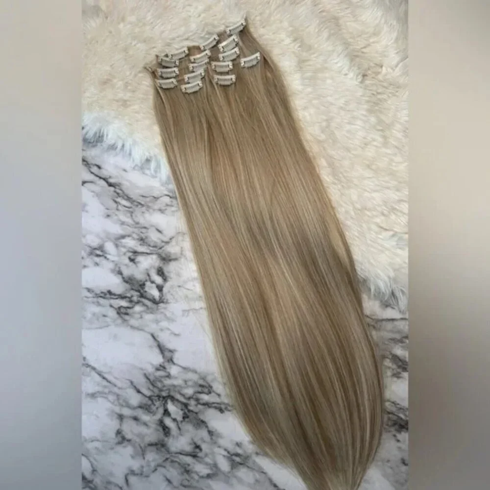Human hair blend Extra Light Ash Blonde with highlights hair extensions